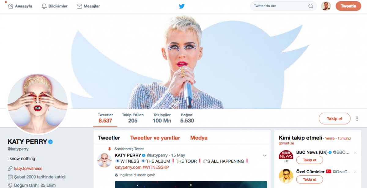 Twitter’da 100 milyon takipçiye ulaşan ilk kişi Katy Perry oldu